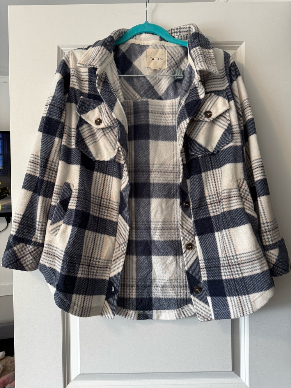Womens Navy & Cream Plaid Shacket Jacket